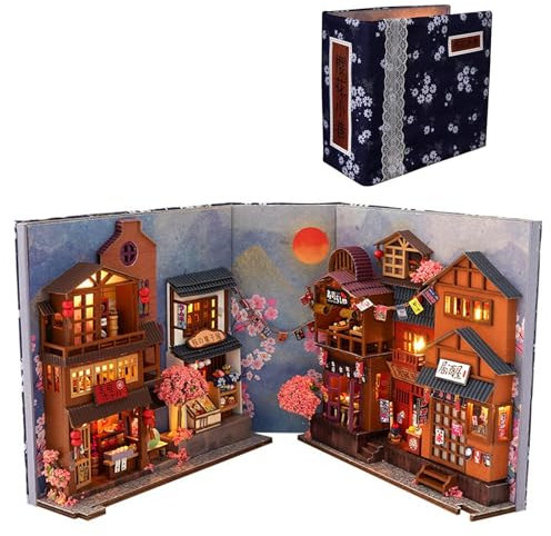 Book Nook Kit, Puzzle Kit De Maison De Poupées Miniatures en Bois avec Meubles & Lumière LED, Serre-Livres d'art Style Japon, Coin Bibliothèque, Cadeau Créatif Kit De Construction Modèle Adulte