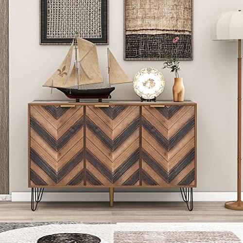 ModernLuxe Sideboard mit DREI Türen, Exklusiven Details und Großzügigem Stauraum – Massivholzfurnier, Konkave und Konvexe Haptik, Goldene Akzente