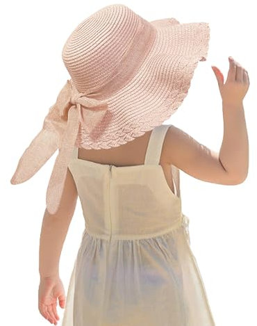 Cappello di Paglia Estivo per Bambina Cappello Pieghevole a Tesa Larga Cappello con Visiera Parasole Protezione Solare Cappelli di Paglia da Spiaggia Cappellino floscio con Fiocco (Rosa)
