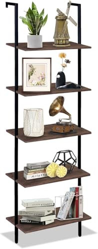 Huhote Ladder Shelf, 5 Tier Wall Bookcase, Bookshelf Wall Mounted, Wall Mount Bookcase, Open Tall Bookshelf with Metal Frame, Industrial Shelf for Living Room, Kitchen, Office, Bedroom (Brown)
