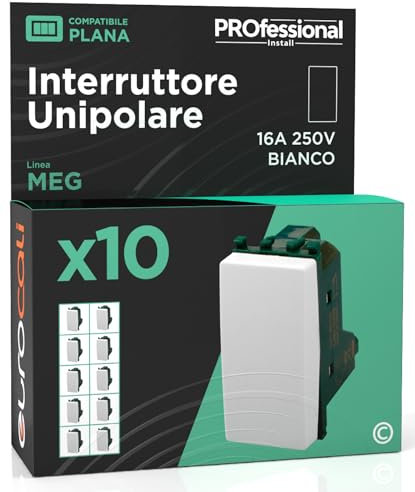 Interruttore Unipolare di Corrente 16A 250V Compatibile con Vimar Plana a Incasso da Muro Frutti Elettrici Colore Bianco - Confezione da 10