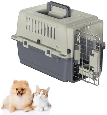 Froadp Transportbox für Haustiere Hund Katze Hundebox aus PP Kunststoff 49.5×33.5×36cm Katzentransportbox Hundetransportbox mit Urinabstandshalter & Hängende Fressnäpfe Katzenbox