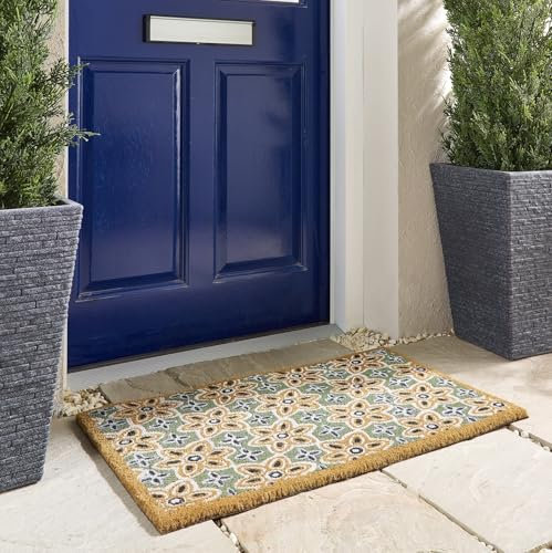 Lord of Rugs Printed Coir Door Mat for Home Entrance Indoor and Outdoor, Patio, Balcony Non-Slip Durable Natural Coconut Fiber Doormat in 45x75 cm Sage Green Woodblock