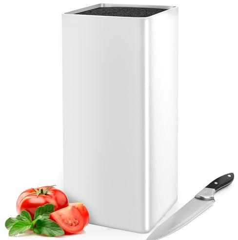 Cheerhom Porte Couteaux sans Couteaux, Universel Blocs Couteaux Vides Carré, Bloc à Couteaux avec Lattes Flexibles, Range Couteaux de Cuisine Blanc pour 5 à 8 Couteaux, 22 x 9.5 x 9.5 cm