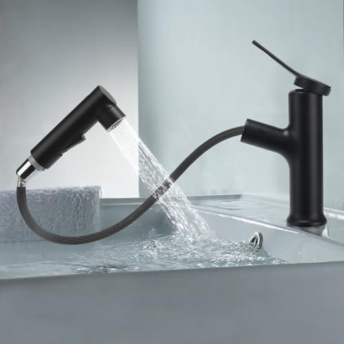 VirtuGro Rubinetto Bagno Lavabo Rubinetto con Doccetta Estraibile a 3 Modalità Miscelatore Monocomando Caldo e Freddo Aeratore Doccino per Lavandino (Nero)