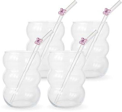 House of Blossom Bubble Gläser Set 550ml • 4er Set Gerippte Trinkgläser groß • Latte Macchiato Gläser, Cocktailgläser, Matcha Glas, Kaffeegläser, Glas mit Strohalm