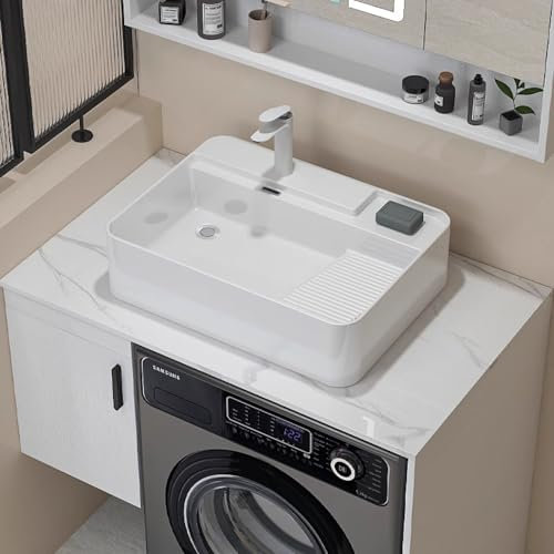Lavandino Da Appoggio For Bagno Con Asse Da Lavare, Lavabo Rettangolare In Ceramica Con Rubinetto, Lavabo Artistico Sopra Il Piano, Lavabo Sopra Il Balcone, Lavatrice(White A,Left drainage)