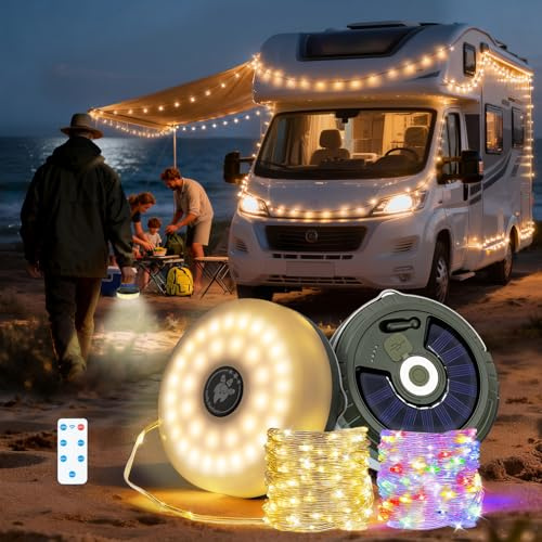 Tolesum Solar Camping Lichterkette 10m - RGB & Warmweiss ausziehbare Outdoor Lichterkette mit Magnet - IP44 Wasserdicht USB C Aufladbare Zeltlampe fuer Wohnmobil Garten Wandern