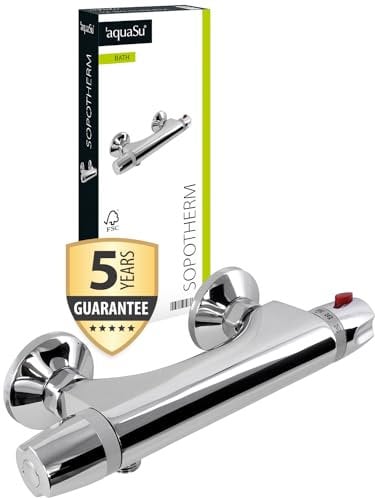 'aquaSu® Thermostatbatterie Sopotherm für Brause | Duscharmatur mit Eco-Stopp-Funktion | Thermostatarmatur mit Keramikkartusche | Wasserhahn Dusche | Brauseabgang 1/2 | Messing | Chrom | 06287 9