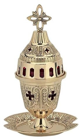 IconsGr Lampe a Huile de Table en Bronze, culte chretien orthodoxe Grec avec coupelle en vevre Rouge pour Les veillée Bougie 8652b