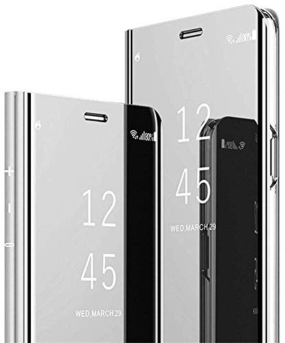 Miroir Coque pour iPhone XR Coque Flip Case, Clear View Case Placage Miroir Effet Coque à Rabat Magnétique PU Cuir Anti Choc Housse Etui Protection pour iPhone XR,Argent