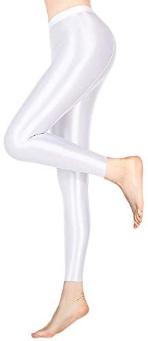 LEOHOX Sexy ölige Glänzende Blickdichte Damen Liquid Stretch High Rise Hochglanzgamaschen Strumpfhose Sport Leggings Fitness(L,Weiß)