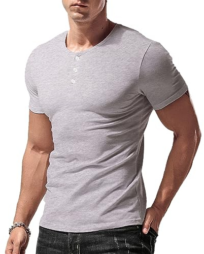 Hommes Coupe Slim Manche Short Henley Tshirt Décontractée Col en de Corps Coton T2306 Gris XXL