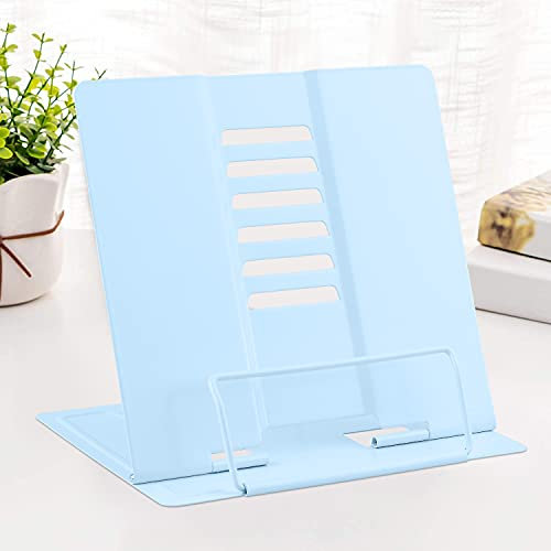 MSDADA Leseständer Buchstützen aus Metall (20 x 15 x 18,5 cm) 6 Stufen Verstellbar, Rutschfest, Buchständer für Schule, Küche und Büro, Buchhalter für Kinder(Macaron Blau)
