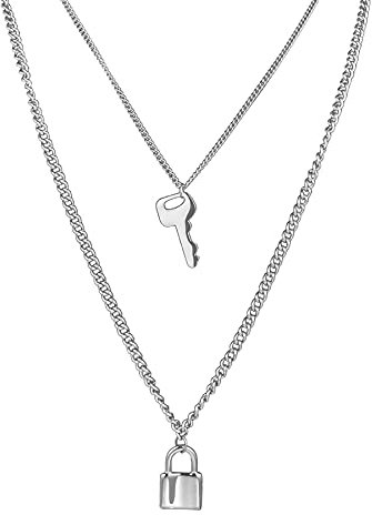 JewelryWe Schmuck Halskette Herren Damen Edelstahl Schloss Schlüssel Anhänger mit Gravur 2-lagig Layer Kette Choker für Männer Frauen Silber