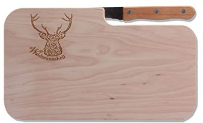FFelsenfest Schneidbrett mit Jagdmotiv Hirsch Waidmannsheil mit Messer I Erle Brotzeitbrett mit Motiv I Geschenkidee für Jäger Förster I 26,3 x 15,5 x 1,2 cm