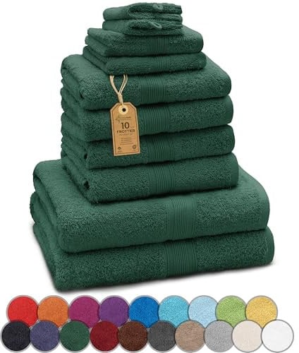 GREEN MARK Textilien 10 TLG. FROTTIER Handtuch-Set mit verschiedenen Größen 4X Handtücher, 2X Duschtücher, 2X Gästetücher, 2X Waschhandschuhe | Farbe: Dunkel grün | Premium Qualität