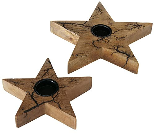 Boltze 2tlg Set Teelichthalter Percha I Stern-Form I Ø19cm & Ø25cm I Deko-Kerzenhalter aus Mango-Holz I weihnachtliche Tisch-Deko I Advent, Christmas I Windlicht für Wohnzimmer, Küche, Esstisch & Co