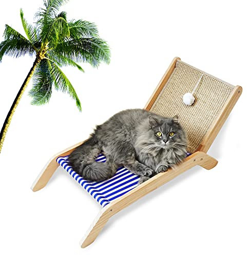 PETKARAY Silla de playa para gatos, camas elevadas para gatos de interior, tumbona acogedora original con rascador de sisal y bola de juguete