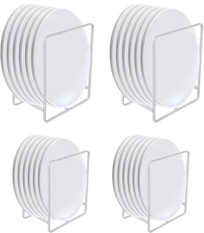 DAJAVE 4 Pcs Plate Rack Plate Organiser for Kitchen Cupboard Two Sizes Dish Storage Rack Upright Plates Storage Drying Display Racks White Plates Holder Racks for Cupboard, Countertop, Cabinet