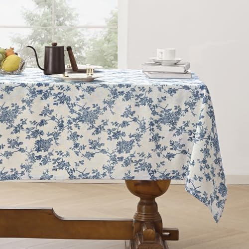 Aoztio Tischdecke Abwaschbar, Tischdecke 260×140 cm Blau Blume Outdoor | Tischdecke Blumen, Baumwolle Leinen, Maschinenwaschbar, Tischdecke Herbst, Gartentisch, Geburtstag, Party, Esszimmer