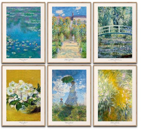 Claude Monet Lot de 6 posters d'art - Décoration murale classique - Pour chambre à coucher, salon, bureau à domicile - 6 x A4 - Sans cadre