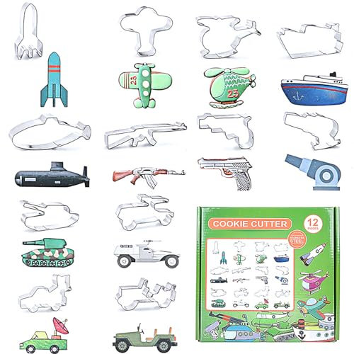 Holzsammlung Set di 12 Formine per Biscotti, Tagliabiscotti Acciaio Inox Cartone Animato Carro Armato Aereo Razzo Forme Set di Stampi Biscotti per Bambini DIY Biscotti, Fondente, Torte Decorazioni