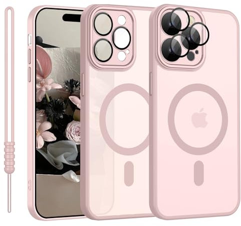YUANDMI Cover Magnetica per iPhone 15 Pro Max Compatibile con MagSafe, Custodia Per iPhone 15 Pro Max Traslucida Opaca Case Ultra-Sottile Silicone Anti-Scivolo Resistente ai Graffi, Rosa