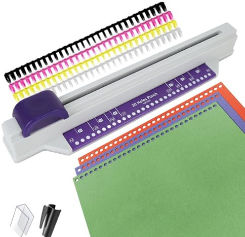 Perforadora de 30 Agujeros, Máquina de Encuadernación Manual con Capacidad de 6 Hojas, Perforadora de Papel con 4 Tiras de Encuadernación de Hojas Sueltas, Perforadora Multiusos