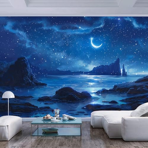 fotomurales pared profundidad Cielo nocturno azul montañas estrellas luna Papel pintado creativo DIY arte de la pared mural para sala estar comedor dormitorio decoración Imprimir foto