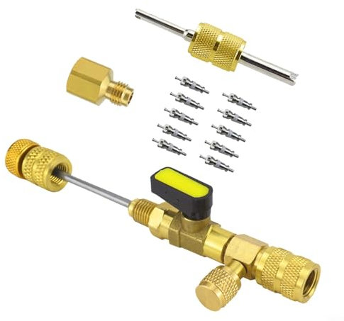 Kit d'outils d'installation de valve avec adaptateur en laiton double taille SAE 1/4 et 5/16 ports pour système de climatisation CVC R410 R32 R22 R404 R407