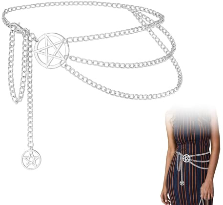 ARYIMYDP Goth Mehrschichtig Hosenkette, Y2K Accessoires Kettengürtel Damen, Verstellbare Taillengürtel mit Pentagramm Gothic Schmuck, Kettengürtel Silber Gothic für Kleider Jeans