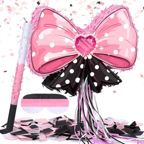 GSrenyu Pink Bow Pinata for Women Birthday Party Decorations Adults Party Game Supplies with Blindfold Stick Birthday Celebration Wedding Bridal Shower Decor