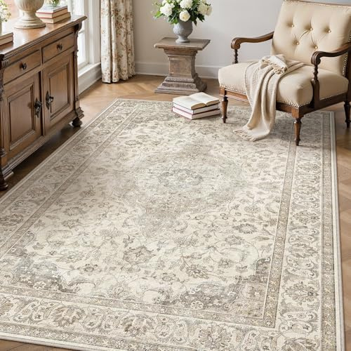 PureCozy Waschbarer Braun Teppich Wohnzimmer 120x170cm Vintage Tepich | Weich Kurzflor Groß Carpet, Rutschfest, Leicht, Schlafzimmer, Esszimmer, Büro, Kinderzimmer
