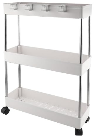 Foymlon Chariot de Rangement 3 Niveaux, Desserte à roulettes Multifonctionnel Mobile Étagère avec roulettes pour Bureau, Salon, Salle de Bain, Cuisine, Buanderie (Blanc)