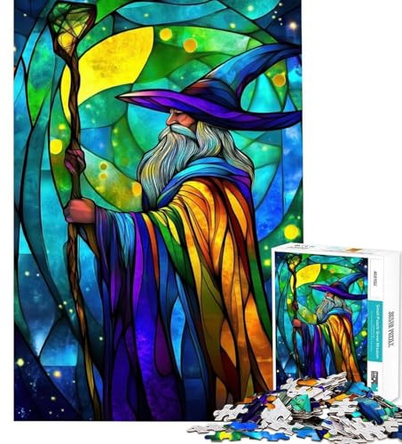 1000-teiliges Puzzle für Erwachsene Zauberer-Puzzle mit Buntglasmotiv Denkspiel Stressabbau (Größe 38x26cm)