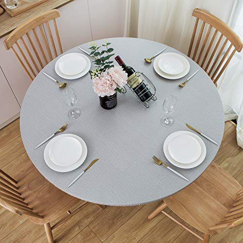 NLMUVW Round Fitted Vinyl Tablecloth with Elastic Edge 100% Waterproof Oil Proof PVC Table Cloth Wipe Clean Table Cover for Indoor and Outdoor, Light Grey, 45- 56