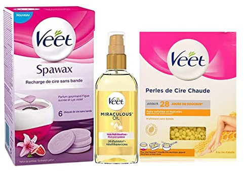 Veet - Lot de 1 Recharges Spawax Epilation à la Cire sans Bande - Figue Sucrée & Lys Violet - 1 Sachet de Perles de Cire Chaude à la Cire d'abeille 230 g - 1 Huile Miraculeuse Post et Pré Epilation