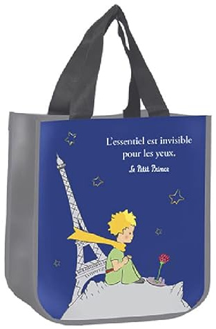 KIUB - Einkaufstasche aus recyceltem Material – Motiv kleiner Prinz im Heißluftballon über dem Eiffelturm von Paris – Format 31 x 26 cm mit Dicke von 18 cm, weiß