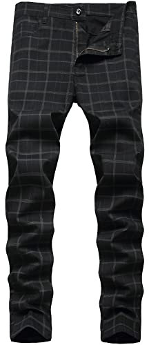 Keevoom Pantalon chino à carreaux pour homme, extensible, moulant, sans plat, décontracté, coupe ajustée, pour le travail, pantalon chino, Noir/carreaux, 58
