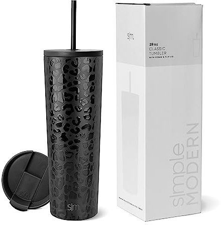 Simple Modern Insulated Tumbler with Straw and Lid | Iced Coffee Cup Reusable Stainless Steel Water Bottle Travel Mug | Gifts for Women and Men | Classic Collection | 830ml | Black Leopard