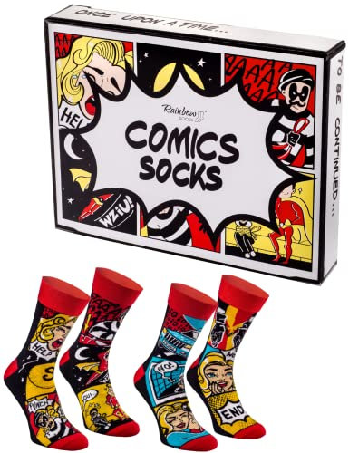 Rainbow Socks - Comic Book Box Socks - Damen Herren Comic Book Socken Box - Lustige Socken Geschenk für Fans von Comics und Büchern - 2 Paar - Größen EU 41-46
