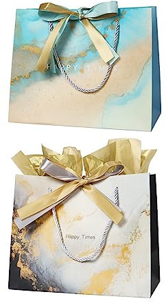 2 Pack 25× 20× 12cm Gift Bags for Presents, Marble Design Paper Gift Bags with Ribbons and Tissue Paper Birthday Wedding Gift Bags(Gold, Blue)