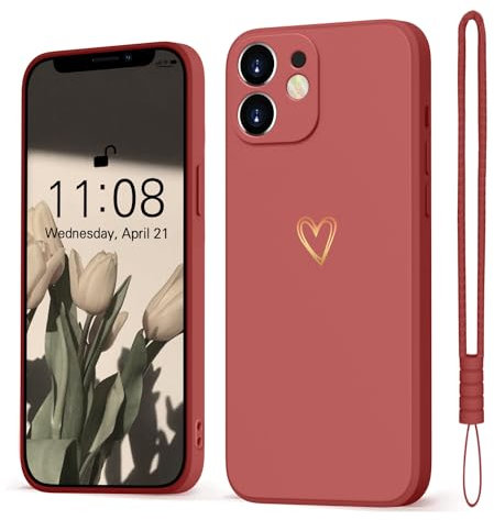 Mitetabo für iPhone 12 Mini Hülle Liebesherz, Handyhülle iPhone 12 Mini Mädchen Case Weich Silikon Slim Stoßfest Kratzfeste Süßes Love Schutzhülle für iPhone 12 Mini 5.4 WeißdornfarbeRot