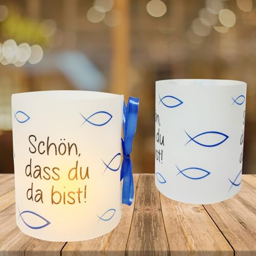 12 Blau Windlicht Tischdeko Taufe Deko Junge, Kommunion Konfirmation Jugendweihe Erstkommunion Deko Junge, Schön DASS Du Da Bist, Motiv Fisch