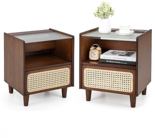 GIANTEX Lot de 2 Tables de Chevet en Bambou avec tiroir et Compartiment Ouvert, Table d'appoint avec Plateau en Verre, Table Basse en Bois Vintage, Commode de Chevet avec Fentes pour Passe-câbles