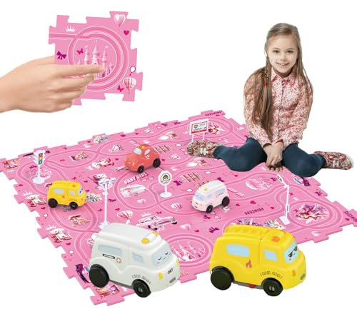 Bearbao Girls Toys for 3 4 5 6 Year Old, Total 16 Pieces Jigsaw Puzzle Racer Track Car Set with 2 Cars for Girls Kids 3-5, Puzzle Tracks Car Toys Gifts for 3 4 5 6 Year Old Girls Kids