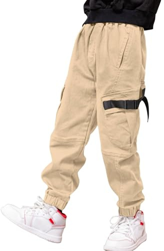 Pantalon Cargo pour Garçon,Style décontracté, Taille élastique, Enfant Jogging Uniforme Scolaire Pantalon de Sport(Kaki,8ans)