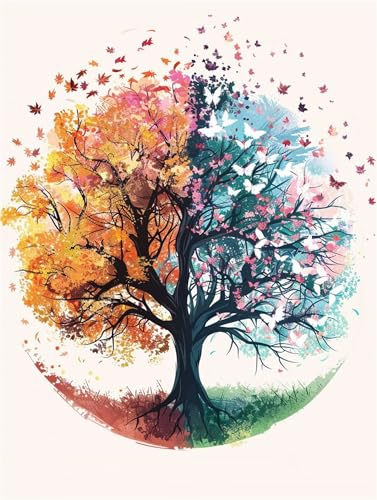 Peinture Numero Adulte Arbre Quatre Saisons DIY Arbre Peinture par Numero Adulte Acryliques Peinture par Numéros pour Adultes Débutants Enfants Loisirs Créatifs Adultes Tableau Decor Murale 30x40cm