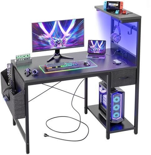 BEXEVUE LED Computer Desk with Power Outlets - 100x50cm Gaming Desk Large Storage Shelf, Reversible Gamer Writing Table with Drawer Side Pocket Bag, 2 Hooks Workstation for Study Play Work Home Office